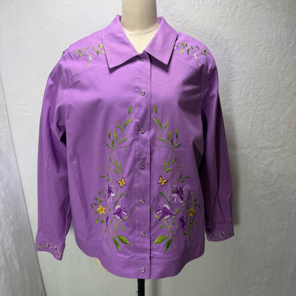 Victor Costa Occasion Purple Floral Embroidered Button Front Jacket Women XL
